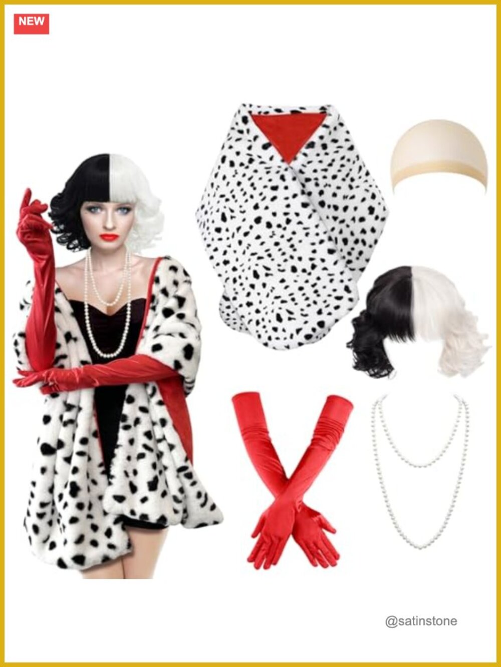 5Pc Women's 1920s Dalmatian Costume Set Cape Wig Gloves Necklace